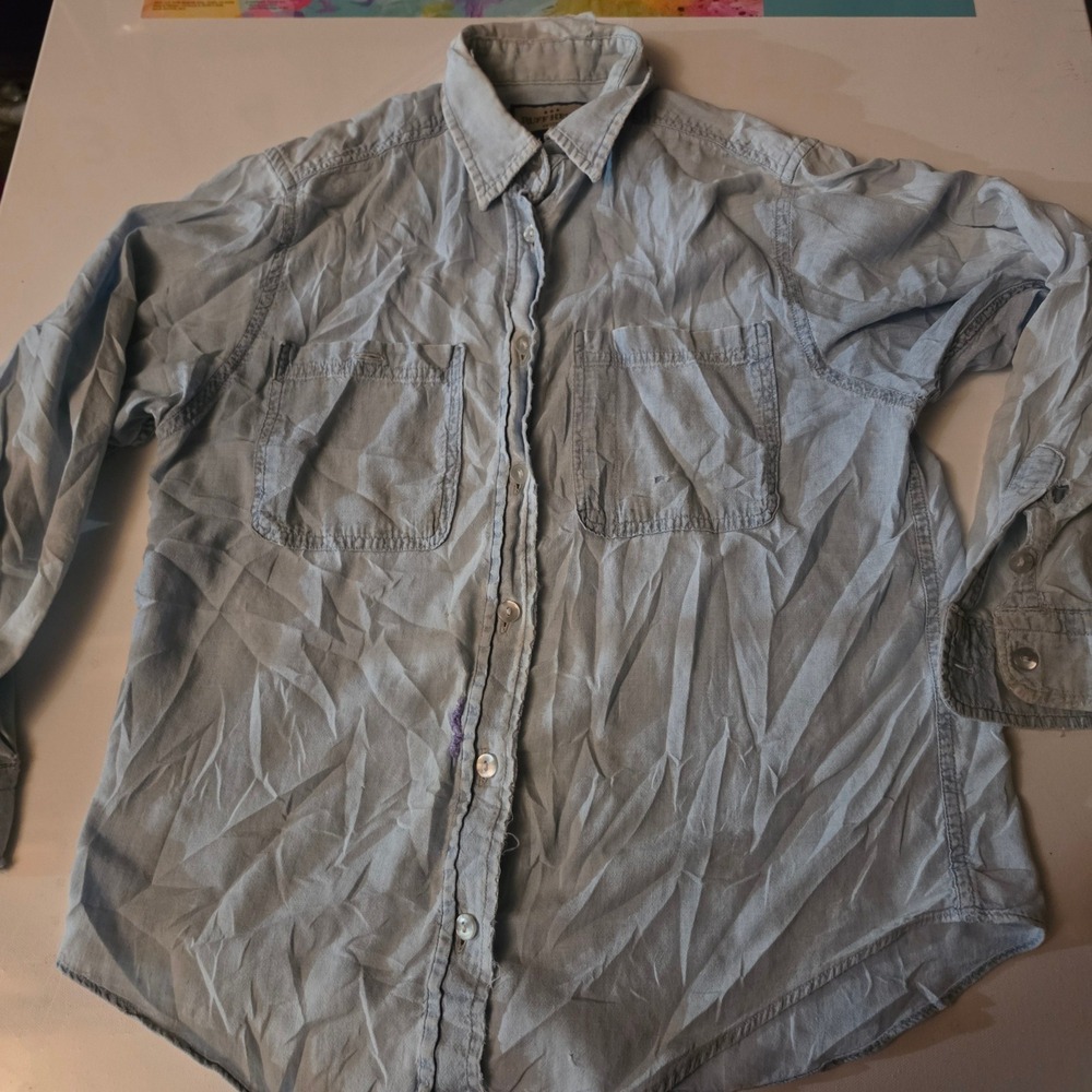 Ruff Hewn Petite Blue Chambray Button Down Shirt Cotton Long Sleeve Small